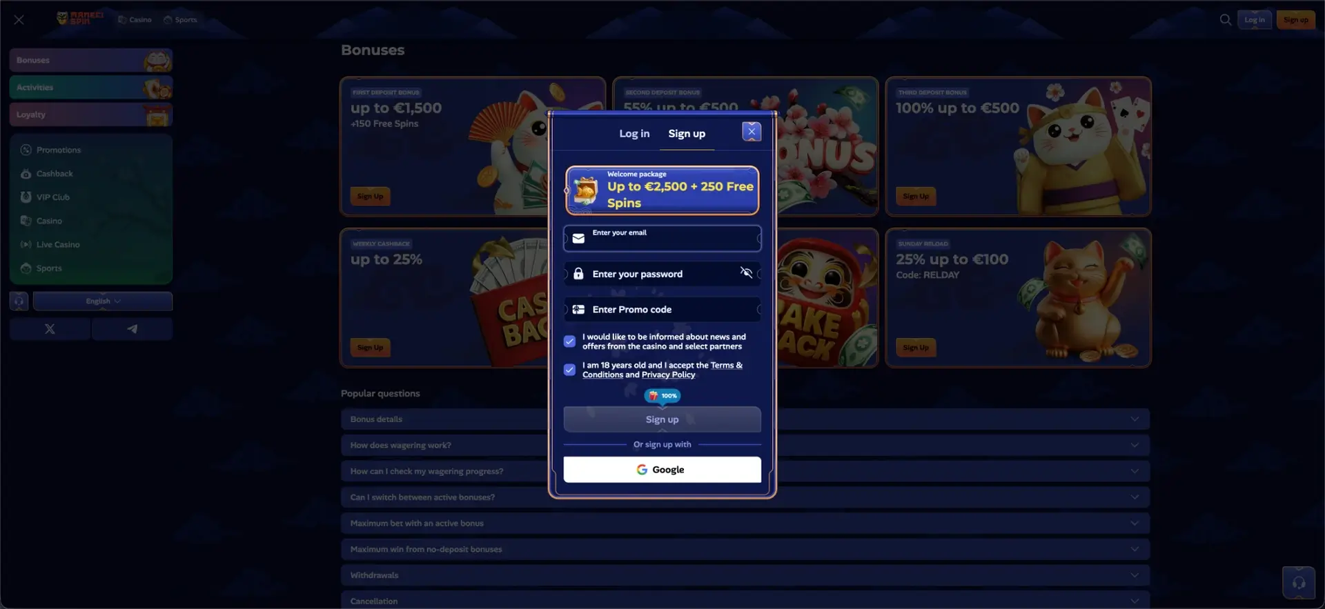 Registrazione di un account ManekiSpin